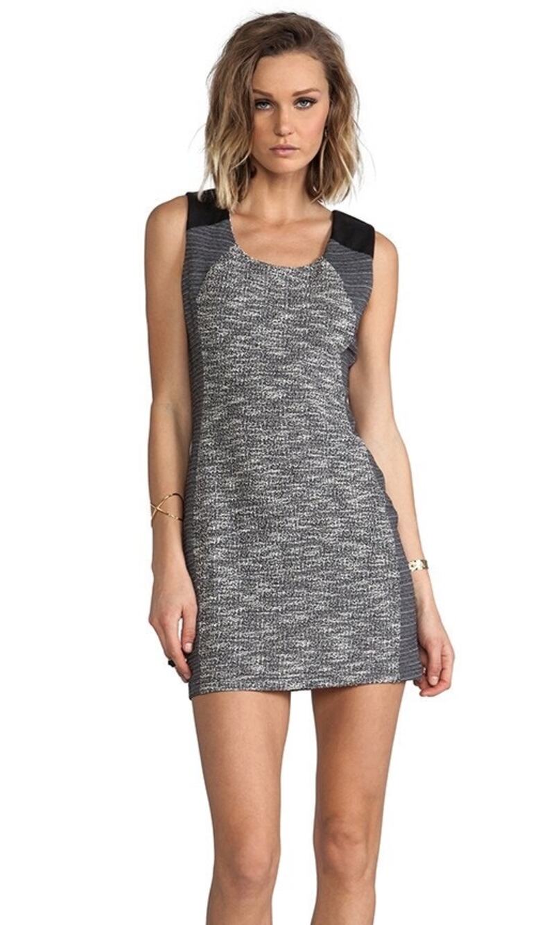 Lanston Heathered Black Tweed Micro Mini Dress XS Faux Leather Moto Edgy